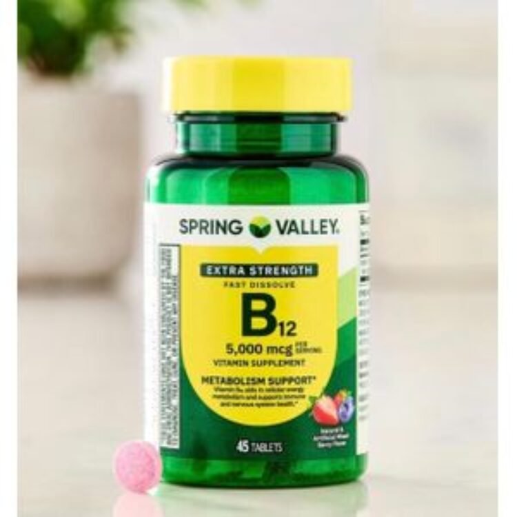 Spring valley Fast-Dissolve Extra Strength Vitamin B12 Dietary Supplement Tablets for Metabolism Support, Mixed Berry, 5000 mcg, 45 Count