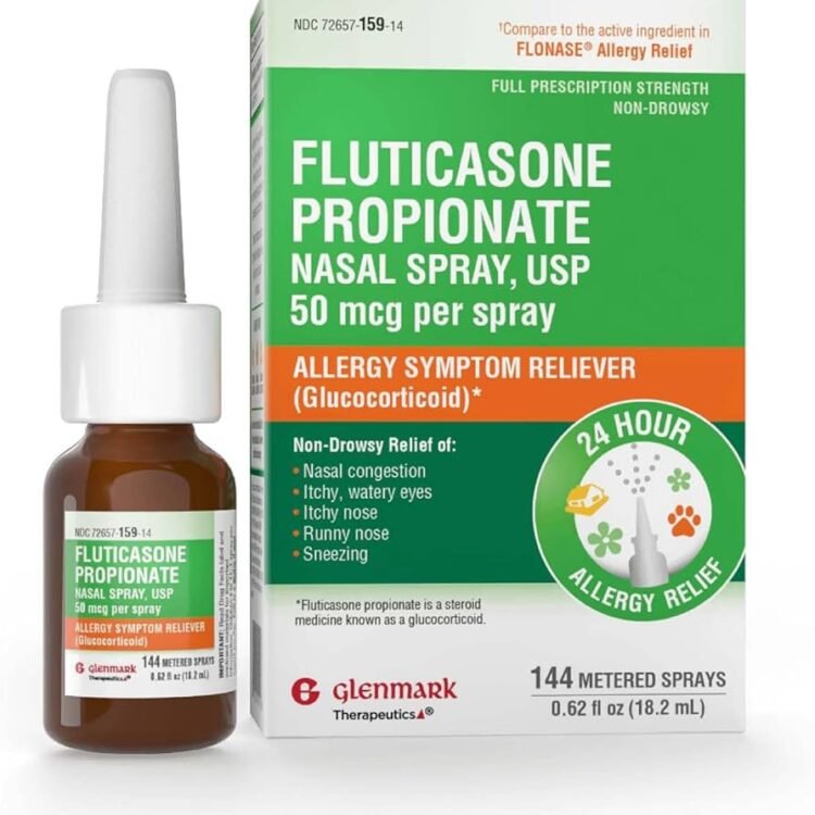 Glenmark Therapeutics Fluticasone Propionate Nasal Spray, USP, 50 mcg per Spray, 144 Metered Sprays, 24 Hour Allergy Symptom Reliever, Non-Drowsy