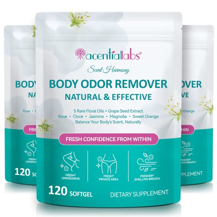 Body Odor Remover –  5 Rare Floral Oils + Grape Seed Extract Rose • Clove • Jasmine • Magnolia • Sweet Orange Balance Your Bodys Scent, Naturally x 120 Capsules